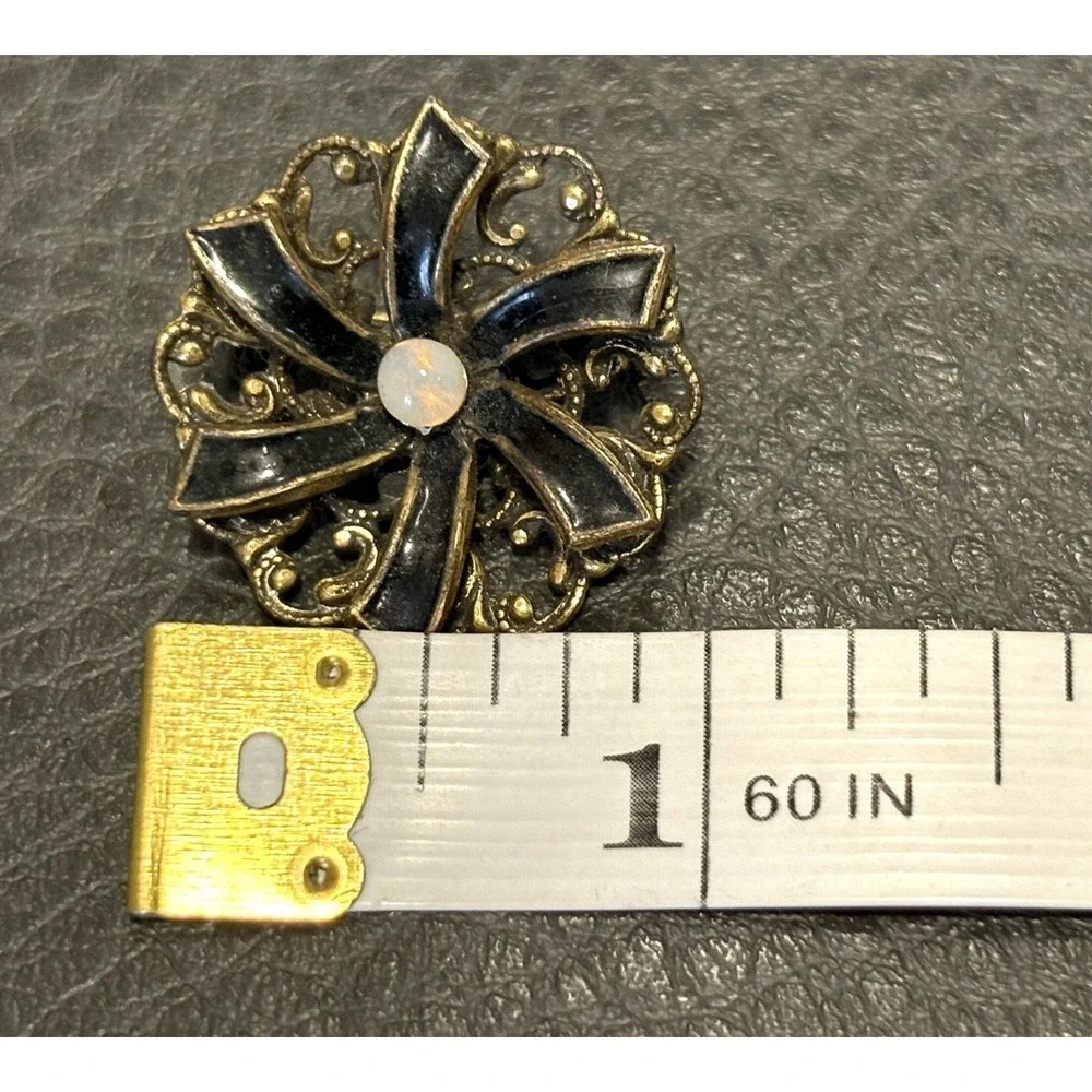 Vintage Victorian Black Enamel Gold Tone Faux Jelly Opal Flower Brooch Pin